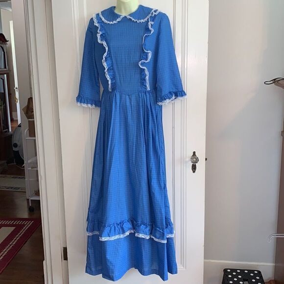 Vtg blue checked handmade Prairie Core dress - Picture 1 of 11
